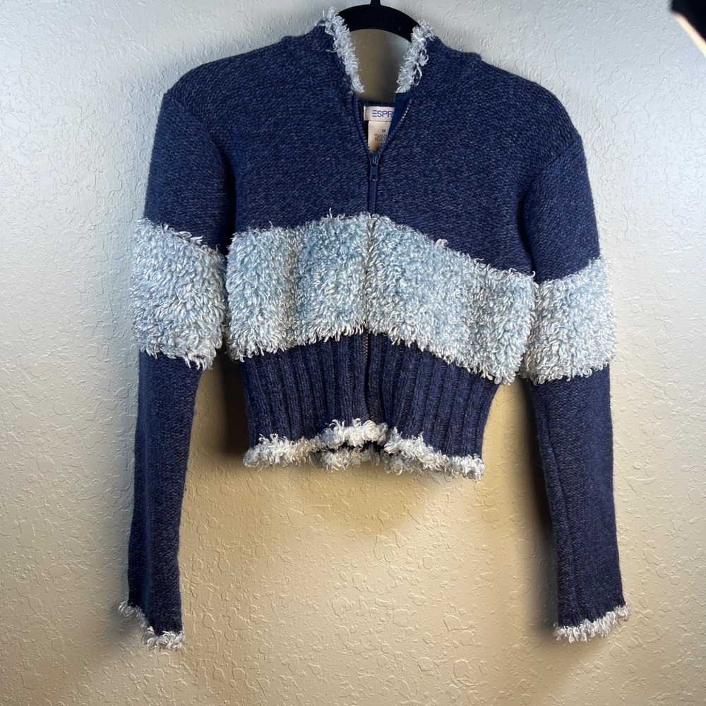 Vintage Esprit Hooded Sweater Womens Y2K Popcorn Knit Cropped Zip Up M Blue